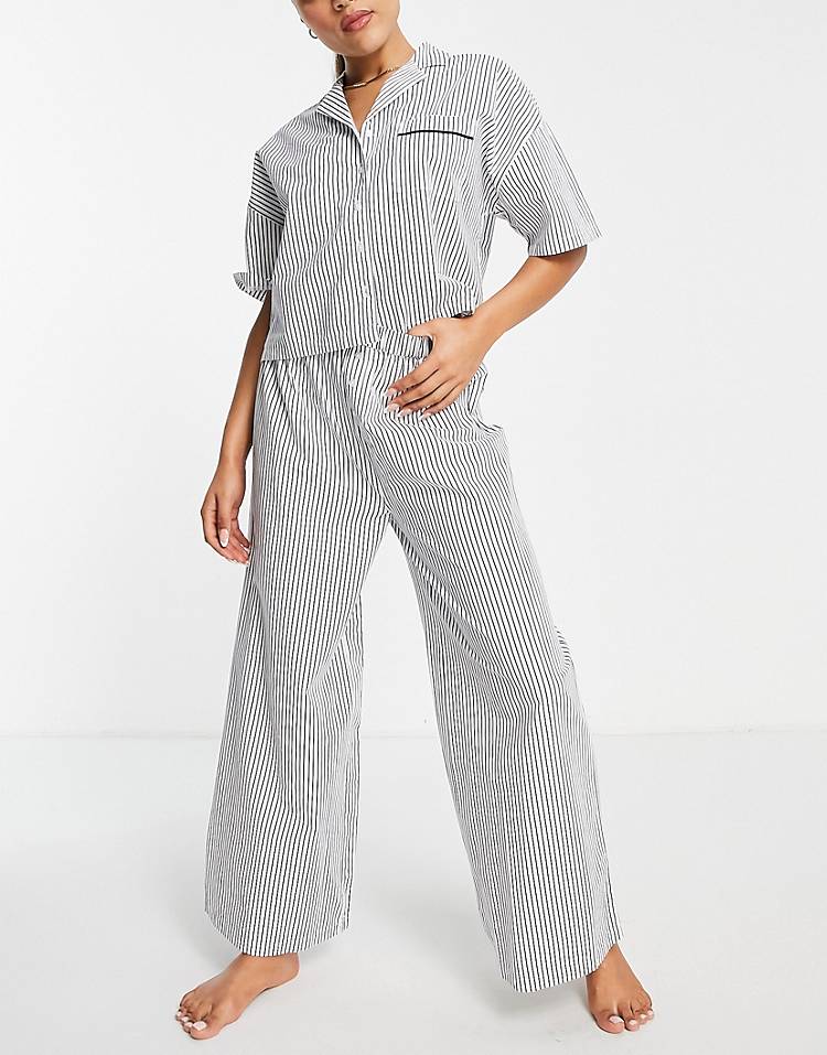 Topshop stripe poplin shirt & pants pajama set in navy & white